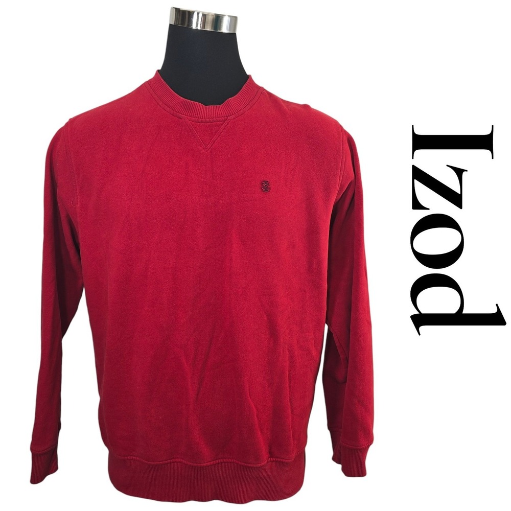 IZOD Sweatshirt Men Large Red Cotton Blend Crewneck Logo Pullover Classic Sporty